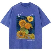 Casual Cotton Washed T-Shirts Van Gogh Sunflower Printing Short Sleeve O-Neck Breathable Soft Tops Fashion Clothes