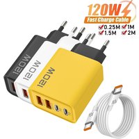 Total 120W Fast Charger 4 Ports Type-C Quick Charge 3.0 Power Adapter EU/US Plug 120W Type C to Type C Fast Charging Date Cable