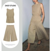 Summer Fashion Women's Sleeveless Straight Leg Pants Set with Waist Belt Midi Skirt Pleated Wide Leg Trousers Top
