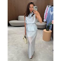 Elegant Women's Skirt 2 Pieces Outfit Sleeveless Lace Up Stand Collar Blouse Hip Package Slit Skirts 2026 Summer Lady New Suit