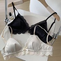 Korean Style Triangle Cup Bow Lace Bra for Women Small Chest Satin Underwear Sweet Breathable Comfortable Soft Bra