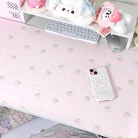 Cute Pink Strawberry Polka Dot Pu Leather Mouse Pad Waterproof Desk Mat Protective Game Keyboard For Dorm & Dressing Table Mat