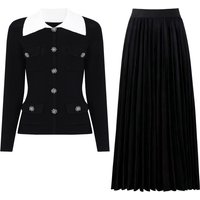 25301 High Quality Spring And Autumn New Fashionable Knitted Elastic Slim Button Top Cardigan+pleated Midi Skirt Women's Set
