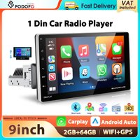 Autoradio Android Podofo 2+64G 1Din 9'' Lecteur multimédia GPS Navigation WIFI Bluetooth FM/RDS Mirror Link USB 1080P Audio de voiture