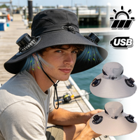 Wide Brim Solar Fan Hat Outdoor Fishing Hats with Chin Strap Hiking Camping Cooling Sun Cap Rechargeable for Father's Day Gift