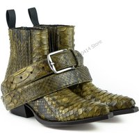 Green Snakeskin Print Pleated Design Pointed Toe Boots Fashion Slip On Men Shoes Luxury Handmade Party Banquet Men Dress Shoes