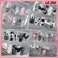 Y2K Sweet Cool Wings Musical Notes Long Coffin Almond Handmade Press On Nails Flower Bowknot Diamond Pearl Nail Party Sticker