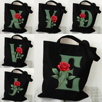 Green Rose A-Z 26 Letter Print Modern Women's Canvas Tote Bag Student Backpack Shoulder Bag Foldable and Eco-friendly