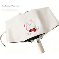 Kawaii Confused Cat Print Automatic Umbrella - Portable Folding Sunshade with Anti-UV Coating, Windproof & Waterproof for Daily