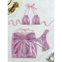 3PCS with Skirt Shiny Snake Skin Bikini Women Swimwear Female Swimsuit Three-pieces Bikini Set Halter Bathing Suit Beach Wear