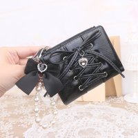Japanese Sweet and Cute Bow Lace-up Beaded Wallet for Women's Rhinestone Love Pendant Small Wallet