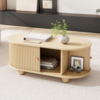 Oval Coffee Table with 2 Sliding Doors, Rounded Corners, Side table with Central open storage area, 100*50*40cm,Wood color,MDF