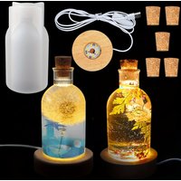 Drift Bottle Light Resin Mold Set, Led Lampshade Silicone Resin Mold, with a Usb-Powered Wooden Lighting Base and Five Wooden Cork Stoppers, Suitable for DIY Desktop Crafts, Parties, Weddings, Table