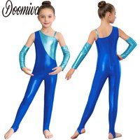 Kids Girls Dance Rhythmic Gymnastics Figure Skating Outfit Costume Color Block Metallic Zip Jumpsuit with Foot Straps and Gloves