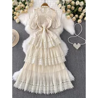 Elegant Hollow Out Long Cake Chiffon Dress Women Summer Short Sleeve Crochet Midi Dresses Female Prom Evening Party Vestidos