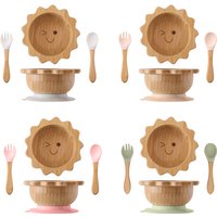 Baby Wooden Tableware Set Sun Bamboo Wooden Plate Bowl Silicone Suction Wooden Handle Fork Spoon for Newborn Feeding Supplies