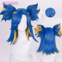 Neon Cosplay Wig Game Valorant 40cm Mixed Blue Heat Resistant Synthetic Hair Neon Wigs + Wig Cap