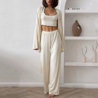 Hiloc Elegant Pink Knit Pajama 3 Piece Casual Long Sleeve Blouse Full-Length Pants With Crop Top Vest Autumn Casual Outfits 2025
