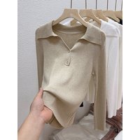 2026 new female sweater autumn half-open V-lapel pullover Korean version of long-sleeved wearing loose sweater slim button tops