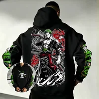 Roronoa Zoro Anime-Hoodie mit beidseitigem und Ärmel-Print für Männer, One Piece Charakter, Street Hip-Hop, lockerer Kapuzenpullover