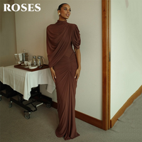 ROSES Brown Evening Dresses Asymmetric Sleeve Prom Dresses High Neck Party Formal Gown Draped robe de bal for Woman Customized