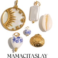 MamacitaSlay 18K Gold Plated Shell Moon Star Charm 316L Stainless Steel Ceramic Beads For DIY Earrings Bracelet Necklace Making