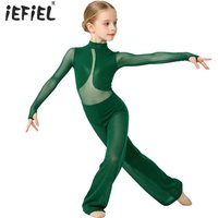 Kids Girls Gymnastics Ballet Dance Unitards Jumpsuit Performance Costume Sheer Mesh Wide-Leg Metallic Full Body Leotard Bodysuit