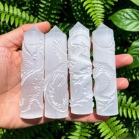 1 hand-carved moonstone tower with dragon or phoenix design, perfect as a home decoration, holiday gift Halloween, Christmas