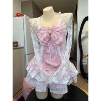 Pink Lace Open Cardigan with Knot Strap Vest And Skirt Three Piece Set Vintage Sweet Style Women's Fashion Ens...