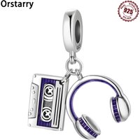 925 Sterling Silver Earphone Audio Cassette Pendants Bracelet Charms Fit Women Jewelry Party Beads DIY Fine Gifts Accessories