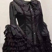 Spitze Patchwork Flare Hülse Hemd Frauen 2025, Neue Schwarz Lolita Tops Mujer Vintage Peter Pan Kragen Einreiher Blusen