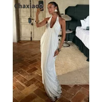Chaxiaoa Mesh Halter Backless Sexy Maxi Dress Women Gown Fashion Elegant V Neck Sleeveless Pleated Club Party Long Dresses