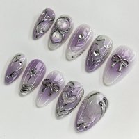 24pcs Y2K Purple Gradient Press on Nails French Metallic Silver Bow False Nails Almond Shape Fake Nails Dark Spice Girl Nail Art