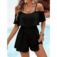 Women's casual short jumpsuit, off-shoulder halter jumpsuit, solid color asymmetrical/irregular vacation style with ruffled hem.