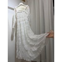 Lace Embroidery Patchwork Women White Robe 100% Cotton Square Collar Long Sleeve High Waist Elegant Ladies Midi Dress