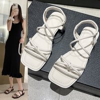 Women's Square Toe Strappy Sandals Elastic Ankle Strap Open Toe Flat Summer Sandals for Casual Dress Wear Shoes