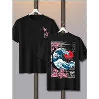 Men's Casual Tokyo Island Sunset Wave Print 100% Cotton T-shirt Short-sleeved Summer Breathable Street Trend Loose Comfortable