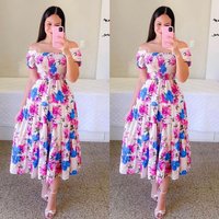 Women's Casual Dresses Elegant Off Shoulder Flower Print Short Sleeve Dress 2026 Trends Beach Birthday Party Dress Robe Vestidos
