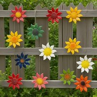 8pcs Colorful Metal Flower Garden Wall Decor Outdoor Fence Art Patio Hanging Sculptures for Yard Porch Living Room DIY Decorats