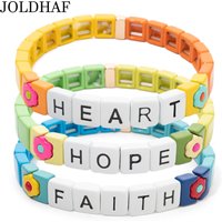 2024 New Spring Green Pink Color Enamel Bracelets For Women Colorful Bohemian Elastic Beads Bangle Mama Letter Charm Flower Jewe