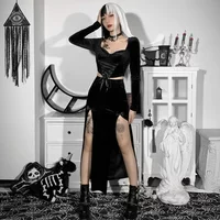 High Waist Velvet Split Skirts Goth Vintage Black Aesthetic Sexy Bow Bodycon Long Skirt Elegant E Girl Punk Partywear Clothes
