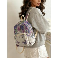 Purple Floral & Butterfly Print Women Fashion Backpack Corduroy Multi-pocket Large Capacity Commuter Bag