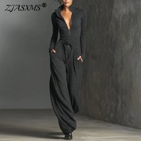 Spring Casual Solid Slim Straight Jumpsuits Woman Elegant V Neck Zip Bodysuit Autumn Long Sleeve High Waist Pocket Sports Outfit