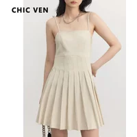 CHIC VEN New Women's Dresses Solid High Waist Twill Jacquard A-Line Pleated Drop Dress Office Lady Clothing Spring Summer 2025