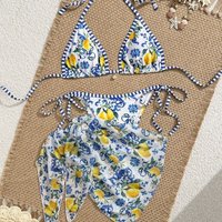 2026 Lemon Themed Sexy Bikini Swimsuit Three Piece Set for Beach And Hot Spring Swimming High Quality Polyester And Spandex