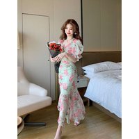 Luxe Chic Asymmetrical Floral Print Chiffon Dress Elegant Wrap Midi with Reed Green Accents High End Street Style for Women