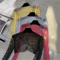 T-shirt court à manches longues pour femme, haut en maille, toile brillante, cristal, polyvalent, fête, tenue de club, sexy, mode, nouveau, 2023