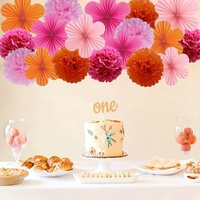 18Pcs Orange Rose Pink Paper Fans & Pom Poms Decor for Birthday Bachelorette Wedding School Party Harvest Festival & Anniversary