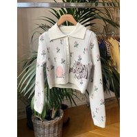 Fashionable Niche Printed Cat Knitted Cardigan For Women New Autumn/Winter 2025 Turn-Down Collar Loose Long Sleeve Fashion Tops