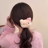 Cute Hello Kitty Plush Hair Rope Elastic Hair Ties - Pink Girlish Heart Anime Hair Accessories for Girls Holiday Birthday Gifts